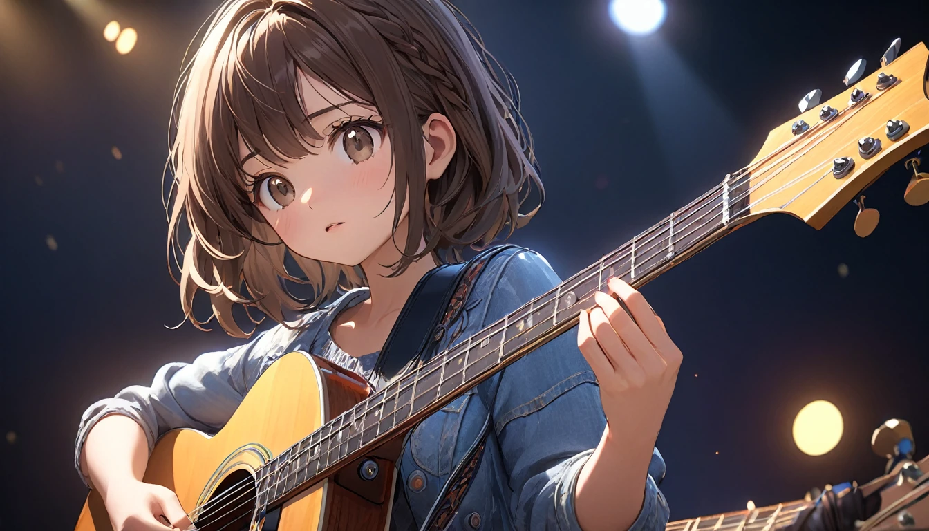 Highly detailed CG Unity 8k wallpaper, best quality, Ultra Detailed, Perfect lighting, accurate shadows, masterpiece,舞台表演 best quality,Brunette girl cute girl playing guitar figures, best quality, Ultra Detailed