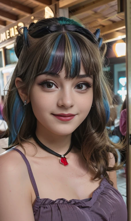 Photo oF a 18 year-old American girl, .CRUDO, beautiFul woman  , cabello largo color azul turqueza ((retrato)), ((Cara detallada:1.2)), ((Detailed Facial Features)), (Piel Finamente detallada) , ojos color.azul , 、un sexy(color fresco), wet, wet, ReFlectoreasutepiece) (proporciones perFectaotos realistas)(La mejor calidad) (Detallado) FotograFiado con una EOS R5 de Canon, lente de 50 mm, F/2.8, NFFSW, (8K) (papel tapiz) (cinematic lighting) (dramatic lighting) (sharp Focus) (Enrevesado) senos grandes , pechos grandes , cuerpo completo , hermoso cuerpo de adolesente  ,lindo maquillaje , gran sonrisa , labios rojos. Mlp , Sonata Dusk  , foto dinamica , pose sexy , centro comercial , noche , sonrisa presumida , ropa morada , brazalentes con puas , cabello largo color azul turqueza con mechas color morado, cuerpo completo , foto de cuerpo completo , my little pony Equestria girls , tiene un collar con un rubi , ropa de pelicula my little pony Rainbow rocks