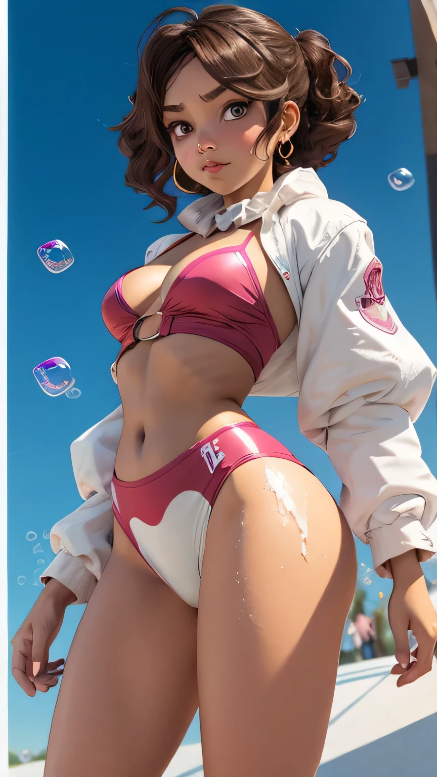 
Cartoon IP image，3D modeling rendering effects，Datouhe ，Bubble Mart style，The whole body is brown，Have big eyes，her clothes are slutty，stand up，positive view，4K , cover her in white sticky substance 