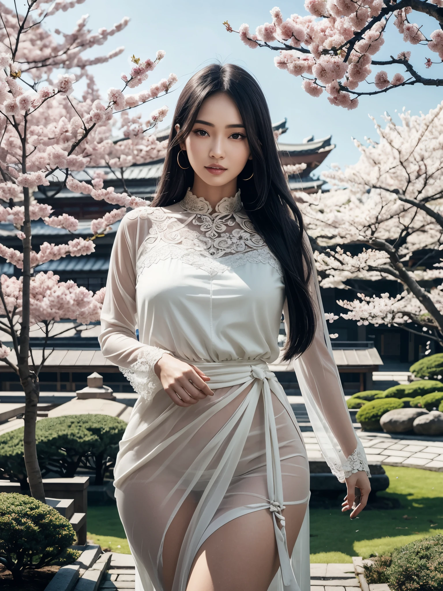 girl at cherry blossom park, BREAK, 1girl, detailed face, intricate ornate long dress, see-through lace long sleeve, very very long hair, absurdly long hair, cherry blossom trees, floating petals, windswept petals, sakura flower, natural morning lighting, high quality, high resolution, masterpiece, raw photos, (realistic:1.3), detailed texture, teeth, black hair, straight hair, soft light, japanese garden, natural pose showing her figure, gigantic breasts, (thick thighs:0.9), (obese body:0.8), (fat thighs:0.6), (wide hips:0.8),
