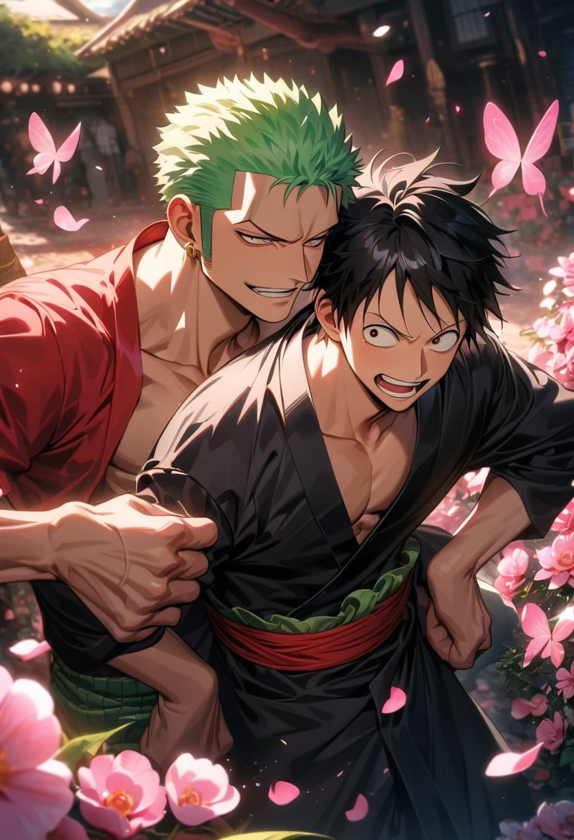 absurdres, highres, ultra detailed, HDR, masterpiece, extremely detailed face and eyes, Roronoa Zoro, green hair, expressive brown eyes, One Piece, Monkey D Luffy, black hair, expressive brown eyes, two men together, gay couple, black kimono, red shirt, handsome, pink butterflies, pink petals, pink flowers