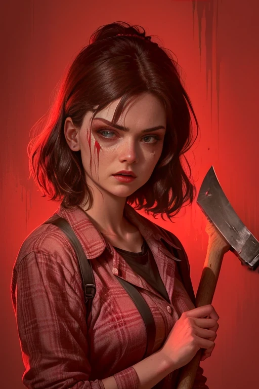 Close-up of a woman holding an axe in her hand with a terrified expression, clean from a horror movie scene, With an ax, Horror illustration, laura palmer, From horror films, From the Twin Peaks scene, Inspired by Ruth Deckard, Evil Woman, With an ax, ( Art Fitzpatrick ), Horror Movie Slasher, From the Twin Peaks scene, From Hotline Miami, evil dead