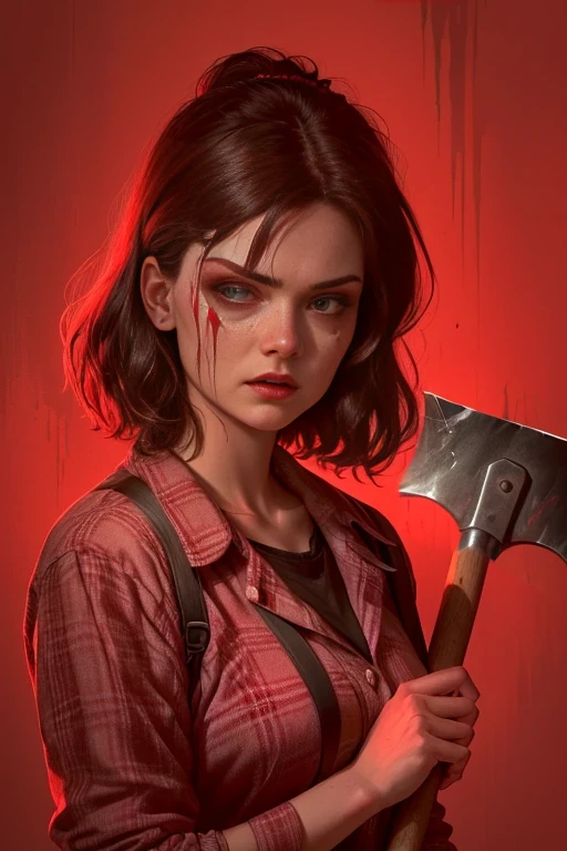 Close-up of a woman holding an axe in her hand with a terrified expression, clean from a horror movie scene, With an ax, Horror illustration, laura palmer, From horror films, From the Twin Peaks scene, Inspired by Ruth Deckard, Evil Woman, With an ax, ( Art Fitzpatrick ), Horror Movie Slasher, From the Twin Peaks scene, From Hotline Miami, evil dead