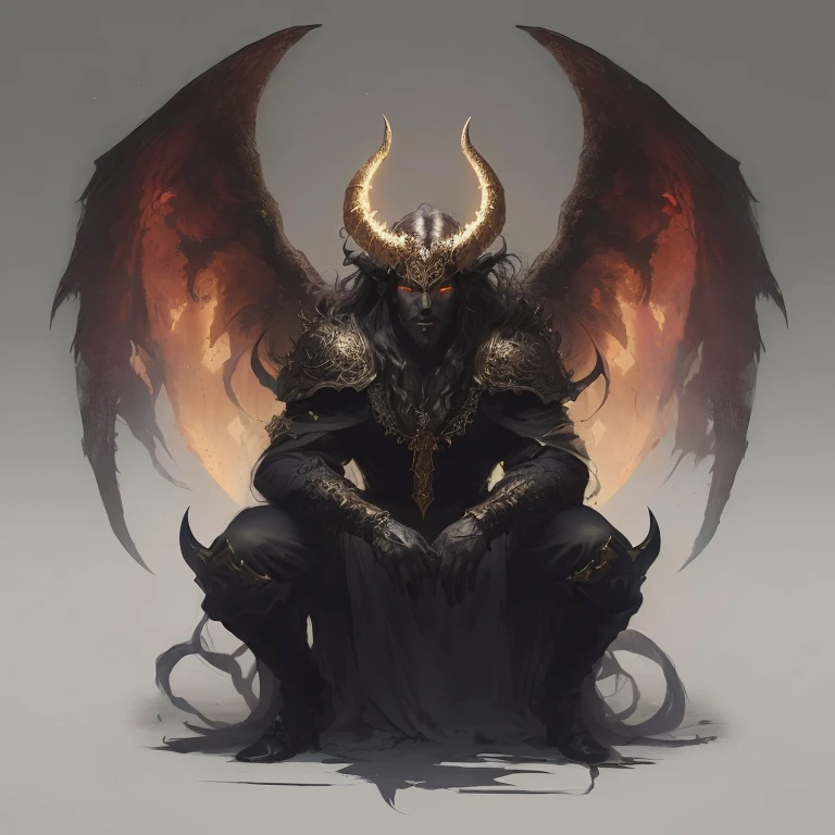 Demonio sentado sobre una roca con cabeza y cuernos como de demonio, con estilo el demonio sentado, diablo digital concept art, demon lord, diablo concept art, demonio masculino, Hombre Demonio Masculino, Demonio masculino en forma con cuernos blancos., huHombre Demonio Masculino, demon soul concept art, djinn Hombre Demonio Masculino, demonio, retrato de un demonio, el rey del infierno, "En el trono de roca, un demonio de imponente presencia, con cuernos retorcidos y una mirada penetrante, se yergue con majestuosidad mientras su figura se funde con la oscuridad circundante. This portrait of a demon personifies the king of hell in all his diabolical magnificence."