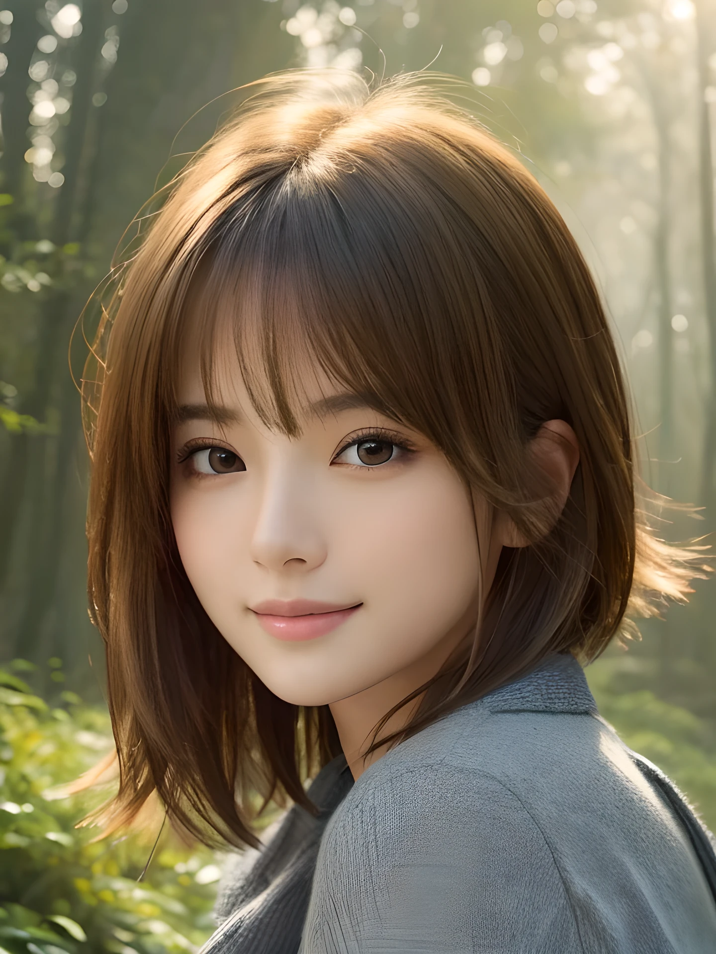 masterpiece, highest quality, High resolution, wallpaper, realistic, (bright lighting:1.4), professional lighting, face light, smooth lighting, japanese girl, close-up of face, cute, happy, smile, shy, Beautiful girl, gravure, sexy, super beautiful, beautiful skin, beautiful and detailed eyes、detailed face、slim、moderately, short hair, brunette colored hair, hair blown by the wind, brown eyes, The morning sunlight shines through the misty forest path.