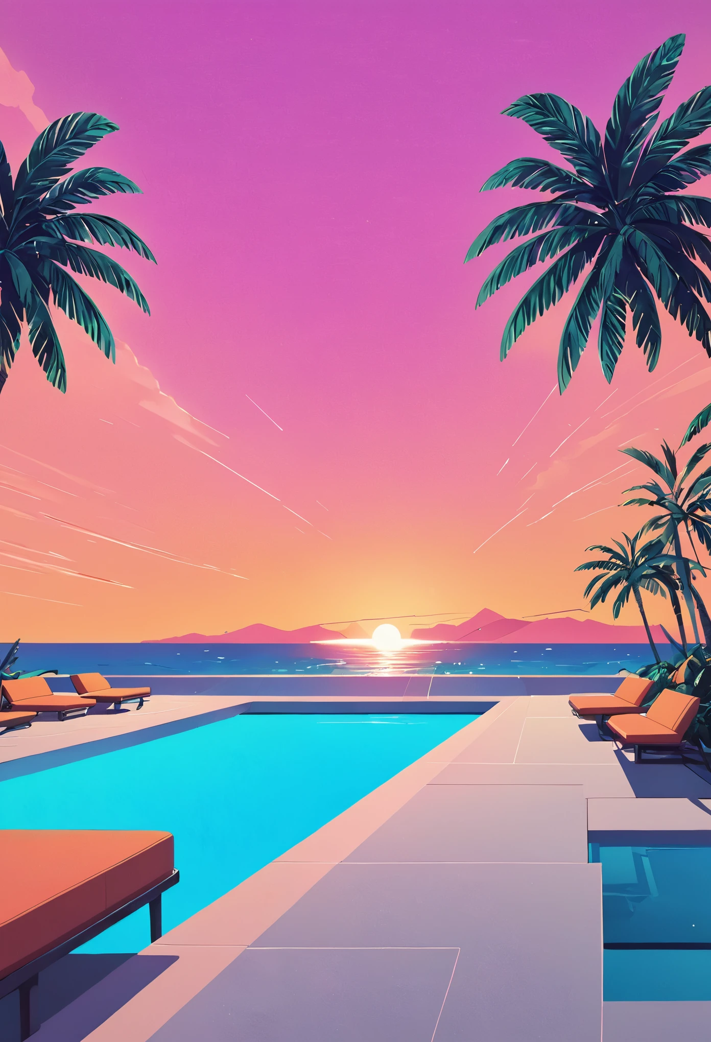 Imagine an artwork steeped in the vaporwave aesthetic of the 80s, deeply influenced by Yoko Honda’s vivid artistic style, but with a minimalist approach. Visualize a retro-futuristic beach and pool scene at sunset, where the sky ignites with intense hues of orange, pink, and red—colors that reflect off the calm waters of the sea and pool, creating a captivating visual effect. Around the pool, neon-lit palm and coconut trees sway gently, enhancing the tropical and otherworldly vibe with sparse but striking placement. Geometric neon lights cast a surreal glow, illuminating the scene with minimal yet effective lighting. The setting includes a stylish, minimalist beachside bar, visible through expansive glass windows. Inside, the bar showcases pastel-colored walls and floors adorned with luxurious terrazzo and marble textures, achieved using Yoko Honda’s signature textured brushes to create a tactile and visually rich surface. This scene merges retro luxury with vibrant, warm color palettes in a minimalist composition, crafting a scene that is not only timeless but also distinctively reminiscent of the 80s and true to Yoko Honda’s style.