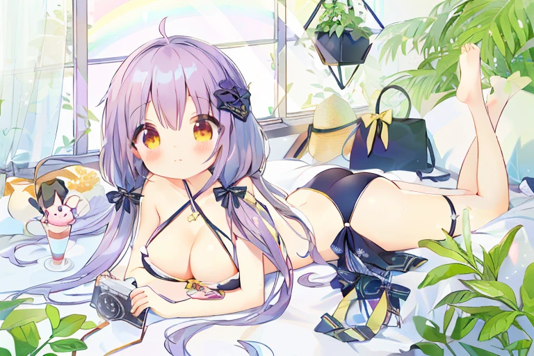 Anime girl lying on the bed，Holding a cup of coffee and a potted plant in hand, Attractive anime girl, , Anime cute art style, Beichuan Ma Lin fan art, Anime visuals of cute girls, Hanayamamata, Azure Lane style, Smooth anime CG art, Soft anime illustration, Cute anime girl, [ 4k digital art ]!!, clothing: Bikini