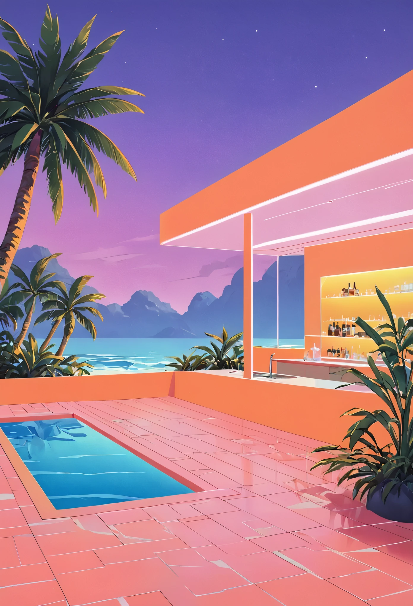 Imagine an artwork steeped in the vaporwave aesthetic of the 80s, deeply influenced by Yoko Honda’s vivid artistic style, but with a minimalist approach. Visualize a retro-futuristic beach and pool scene at sunset, where the sky ignites with intense hues of orange, pink, and red—colors that reflect off the calm waters of the sea and pool, creating a captivating visual effect. Around the pool, neon-lit palm and coconut trees sway gently, enhancing the tropical and otherworldly vibe with sparse but striking placement. Geometric neon lights cast a surreal glow, illuminating the scene with minimal yet effective lighting. The setting includes a stylish, minimalist beachside bar, visible through expansive glass windows. Inside, the bar showcases pastel-colored walls and floors adorned with luxurious terrazzo and marble textures, achieved using Yoko Honda’s signature textured brushes to create a tactile and visually rich surface. This scene merges retro luxury with vibrant, warm color palettes in a minimalist composition, crafting a scene that is not only timeless but also distinctively reminiscent of the 80s and true to Yoko Honda’s style.