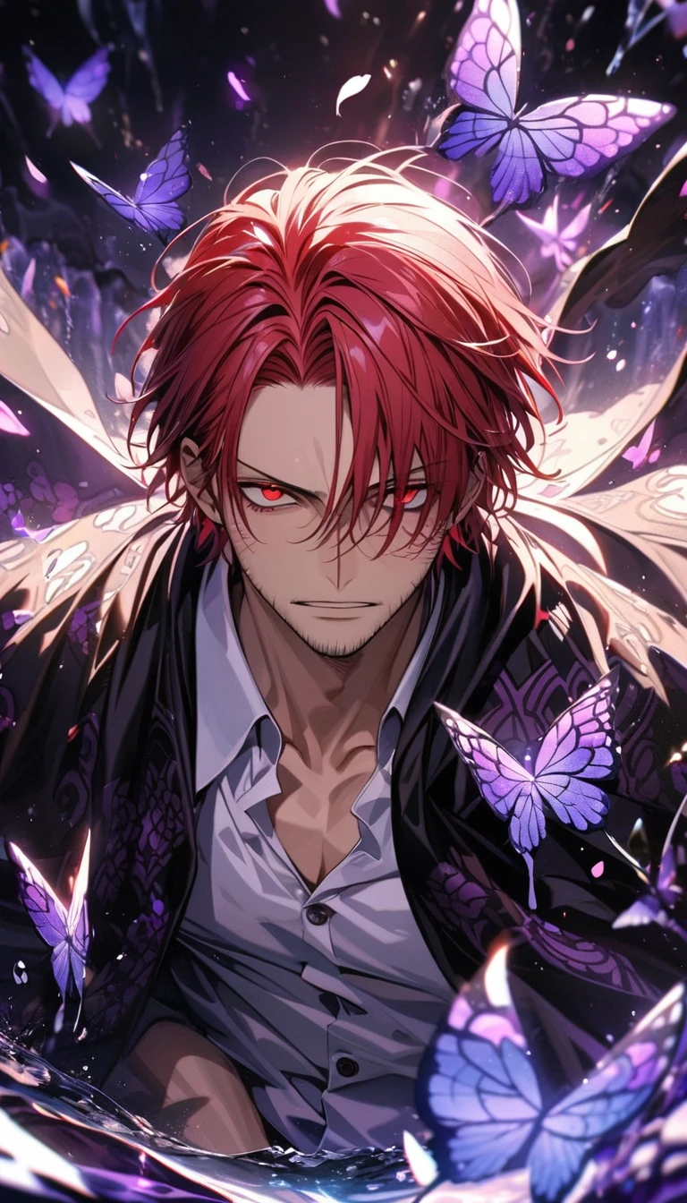 Ultra detailed, HDR, Highres, absurdres, master piece, Shanks, red hair, expressive red eyes, black cape with patterns, One Piece, purple glittering butterflies, purple ice, petals, purple ice roses, sexy man, solo, extremely detailed face and eyes, handsome, glittering, water, white tight shirt,