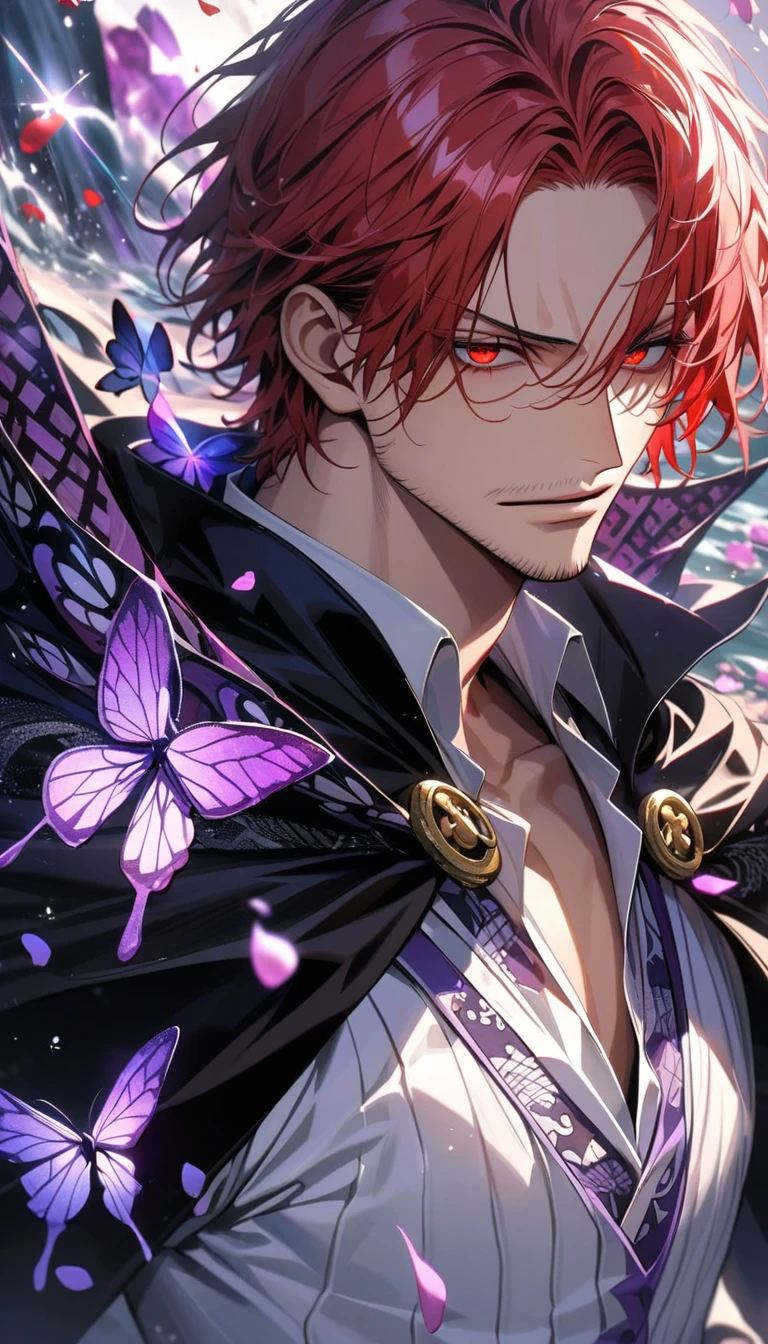 Ultra detailed, HDR, Highres, absurdres, master piece, Shanks, red hair, expressive red eyes, black cape with patterns, One Piece, purple glittering butterflies, purple ice, petals, purple ice roses, sexy man, solo, extremely detailed face and eyes, handsome, glittering, water, white tight shirt,