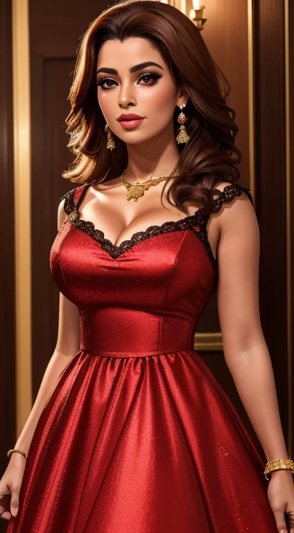 (papel de parede de unidade CG extremamente detalhada 8k, obra de arte, melhor qualidade, ultra-detalhado), (Better lighting, melhor sombra), Mulher espanhola de 45 anos, maduro, Rosto quadrado, wearing 1 red rose on the neck of the necklace, usando vestido de renda preto com vermelho, brincos de ouro, Features as a Maria Padilla, (pele altamente detalhada: 1.2), Medium brown hair loose with lights