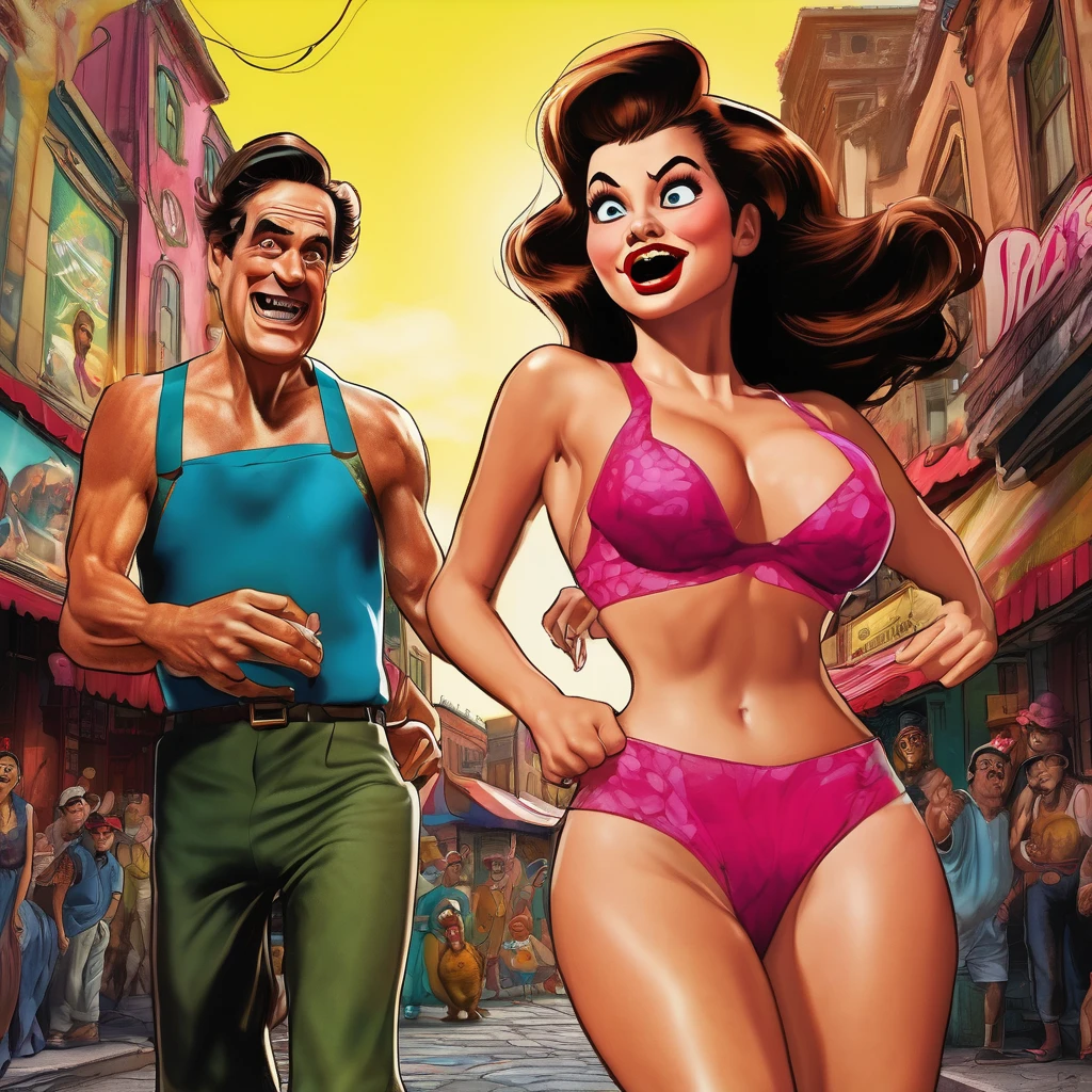 (best quality,4k,highres,masterpiece:1.2),ultra-detailed,(realistic:1.37) A woman with comically exaggerated features, dressed in sexy lingerie, is chasing a scared man. The woman has an ugly face with extremely detailed features, such as huge lips and small eyes. She also has saggy breasts, adding to the exaggerated appearance. The man is clearly terrified, depicted through his facial expression and body language. The scene is set in a dynamic and humorous style, reminiscent of the loney Tunes cartoons. The color palette is vibrant and playful, with bold and vivid colors. The lighting is bright and lively, illuminating the characters and emphasizing the comical atmosphere of the scene.