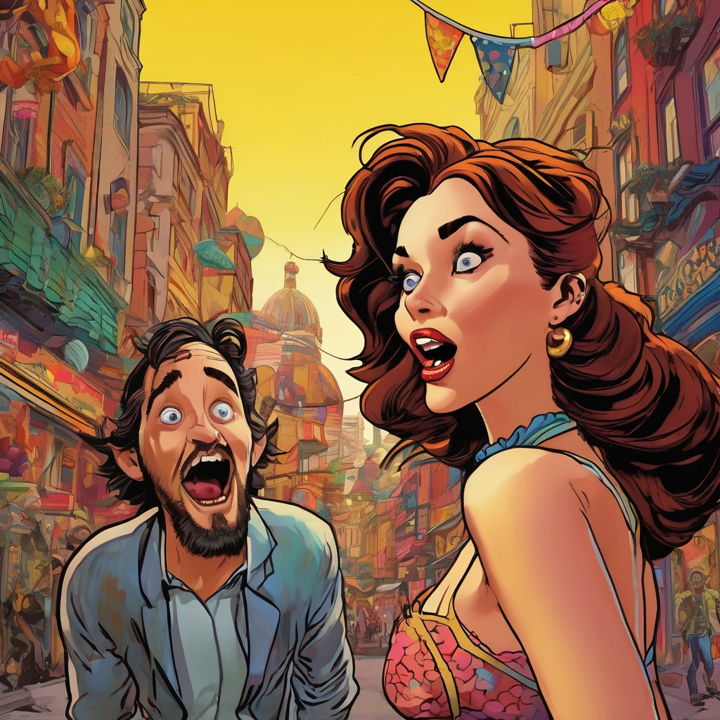 (best quality,4k,highres,masterpiece:1.2),ultra-detailed,(realistic:1.37) A woman with comically exaggerated features, dressed in sexy lingerie, is chasing a scared man. The woman has an ugly face with extremely detailed features, such as huge lips and small eyes. She also has saggy breasts, adding to the exaggerated appearance. The man is clearly terrified, depicted through his facial expression and body language. The scene is set in a dynamic and humorous style, reminiscent of the loney Tunes cartoons. The color palette is vibrant and playful, with bold and vivid colors. The lighting is bright and lively, illuminating the characters and emphasizing the comical atmosphere of the scene.