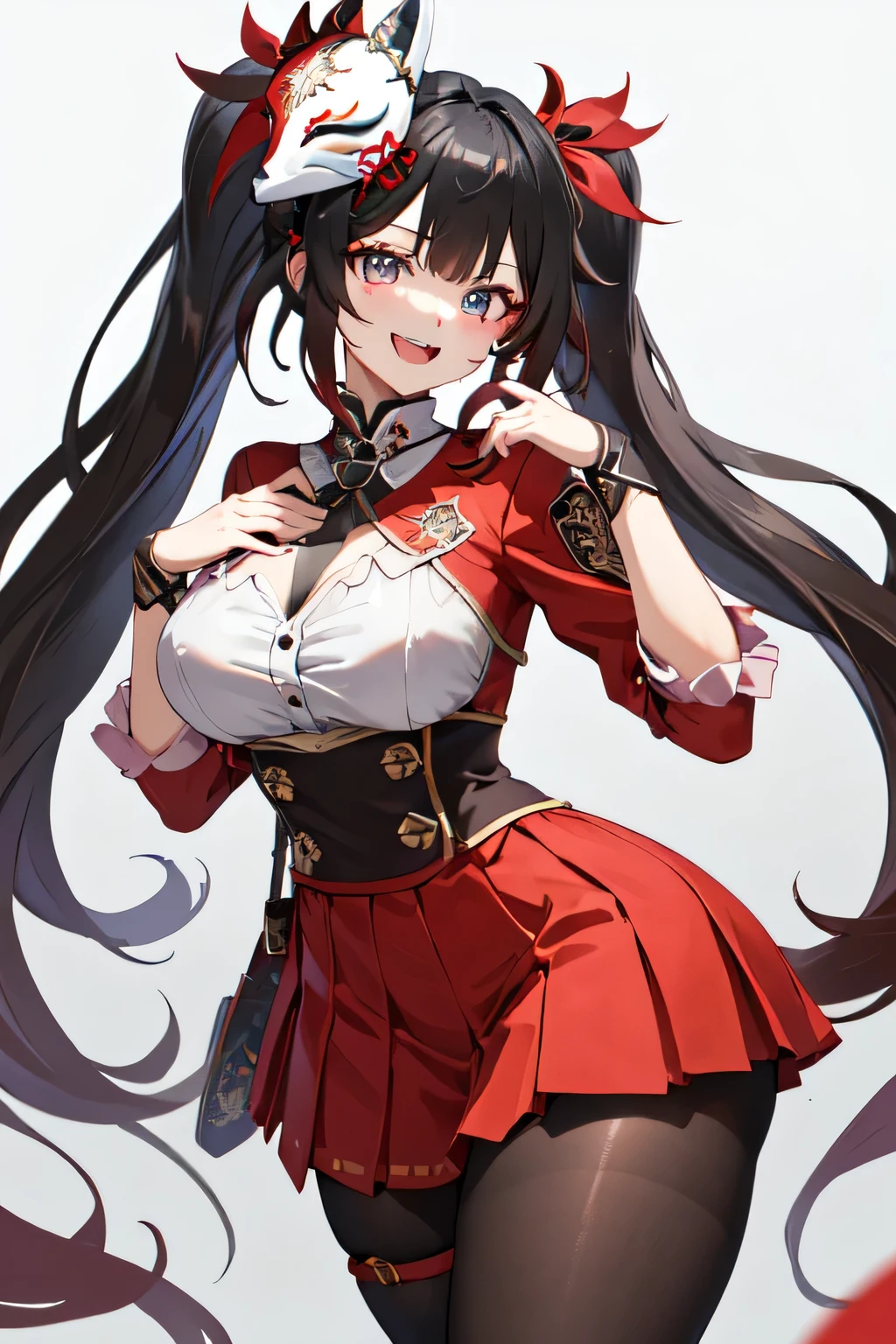 shsparkle, fox mask, long hair, twintails, white shirt, pleated skirt, pantyhose, hand on own chest, smiling, masterpiece, best quality, 1girl, solo, looking at viewer, open mouth, long sleeves, thighs, large breasts and thick thighs, She has a curvy body, cowboy shot, hermoso long legs, Thigh strap, low angle shot, perfect hand