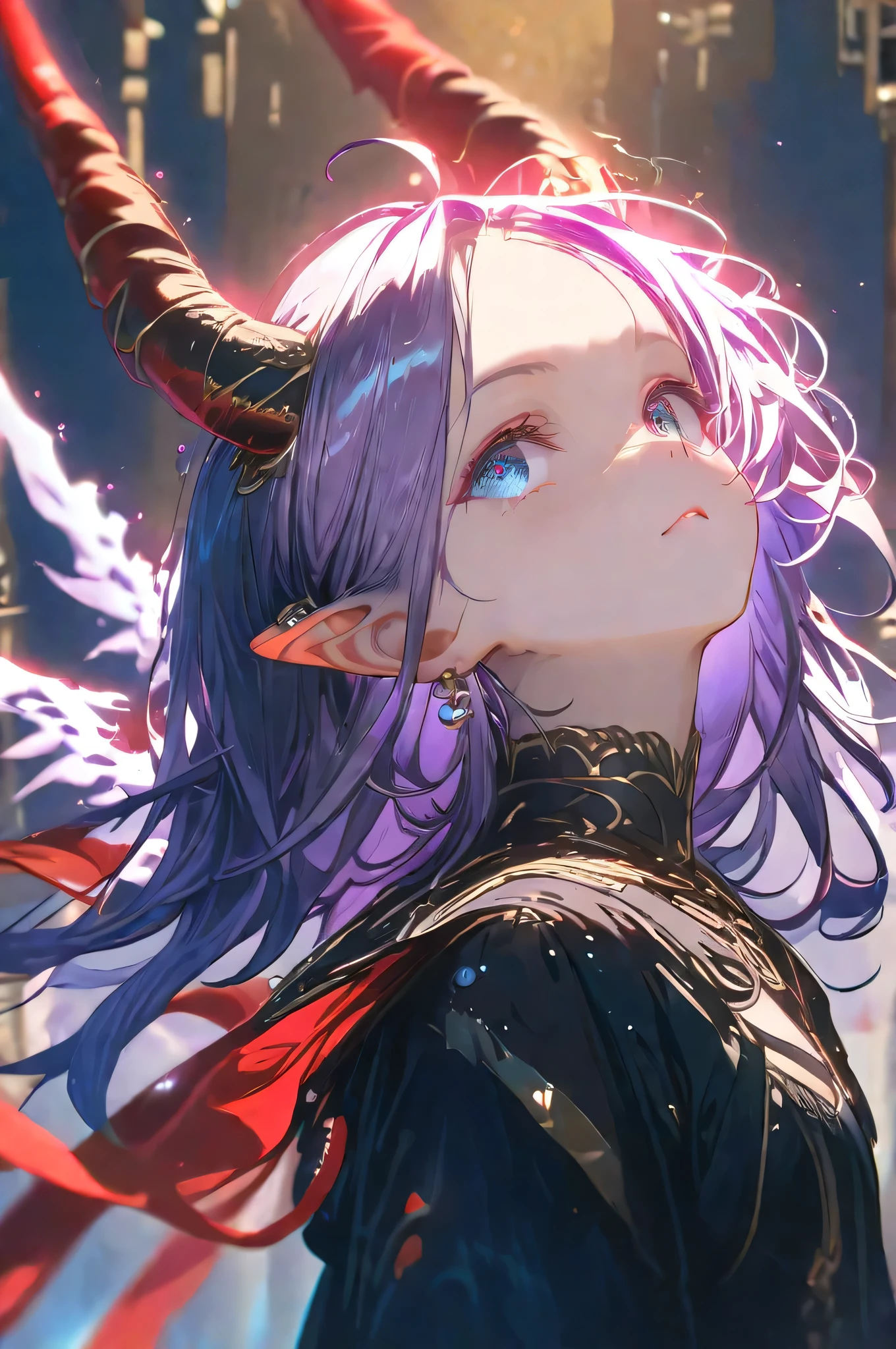(Masterpiece:0.9), best quality, (illustration, very aesthetic:0.95), (ultra detailed), intricate details, dynamic devil with horns (color theme - red,black), solo, 1Girl, from side, (look up, downcast Eyes:1.2), devil-angel , red black wings, shiny feather, (cinematic lighting, raytracing), [(black background:1.2)::0.2], (silence background:1.2), 