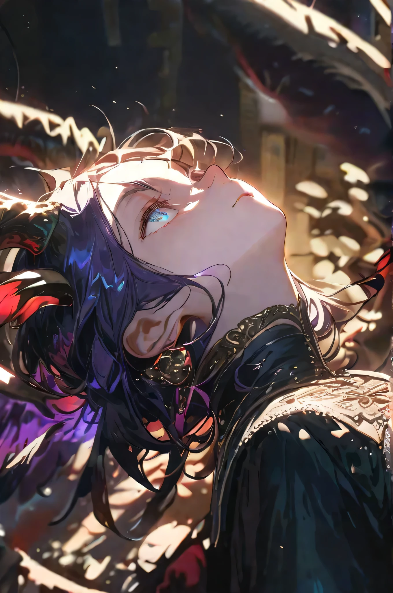 (Masterpiece:0.9), best quality, (illustration, very aesthetic:0.95), (ultra detailed), intricate details, dynamic devil angle, solo, 1Girl, from side, (look up, upcast Eyes:1.2), devil, red black wings, shiny feather, (cinematic lighting, raytracing), [(black background:1.2)::0.2], (silence background:1.2), 