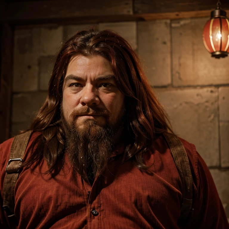The dwarf man with lang hair and red, very big long bear and red with moth, the face and old ,