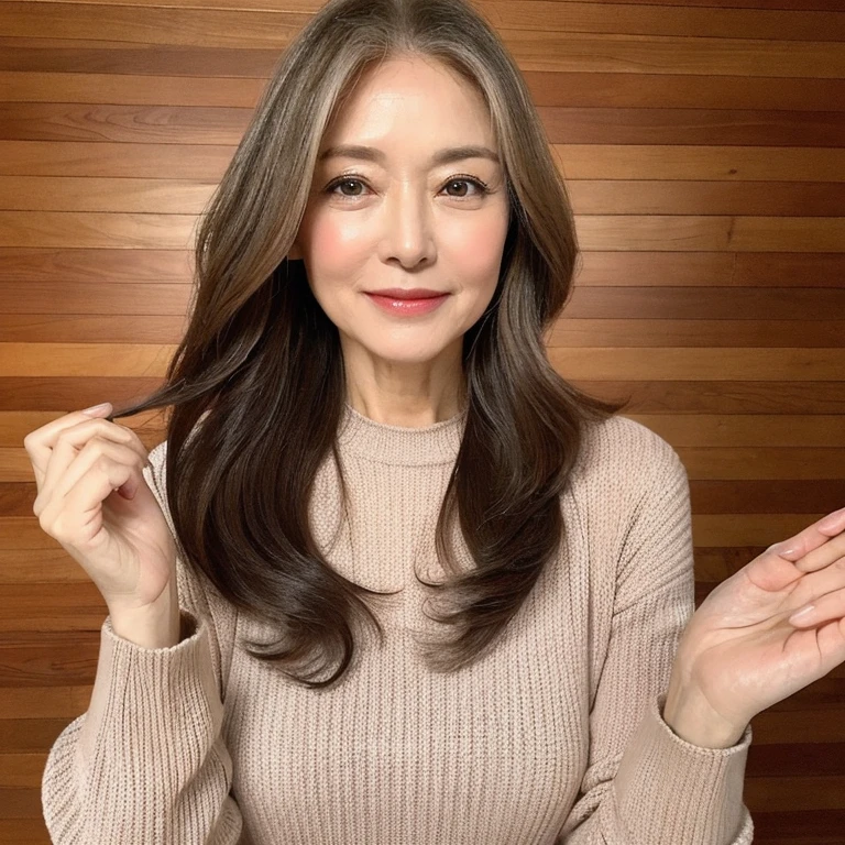 (real, High resolution:1.3), A MILF with a perfect body, Very beautiful face and eyes,Long Hair、70-year-old Japan woman))、Long Hair、Random color knit:1.2,70-year-old Japan woman))、Upper Body、Ecstatic expression、Pose with a hard stick