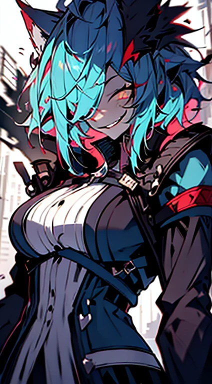 1girl, short_rebellious_hairblue_hair, hair tips to the side, scary_eyes, short_hair, scary_smile, Evil smile_sharp_wild teeth, soulless_black_eyes, looking_at_vi ewer, holding, shirt, pant, animal_ears, blue_ ears, wolf_woman, blue_tail, body_perfect, Milf_body, female_body_muscular, scar_on_thighs, scar_on_the abdomen,assassin's creed:hunter_outfit_black