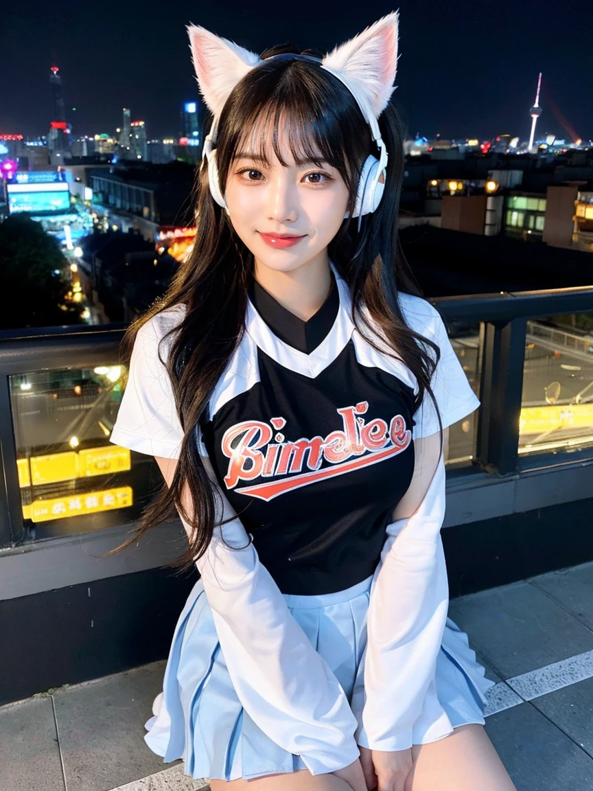 Four Girls, Full body photo、whole、最high quality, masterpiece, 32k、Very detailed、Realistic、Random Face、Japanese women、Cute face, (photo Actual:1.3), Edge lighting, (Skin with attention to detail:1.2), 8k超High resolution, Single-lens reflex camera, high quality, High resolution, 4K, 8k, Optimal ratio of four fingers to one thumb, (Actual:1.3), smile、自然なsmile、Baseball Cheerleader Costumes(black、Light blue line design、Japanese professional baseball cheerleaders)、Cat ear headphones(ピンク色のネオンCat ear headphones)、There are four cute girls., Realistic、Super Realistic、32k、Very detailed、masterpiece, 最high quality, beautiful girl, beauty、 Mecha, Beautiful lighting, Sitting,Cyber Neon、Future City、Skyscraper、City Night、Shanghai、Big cities、Night view、綺麗なNight view