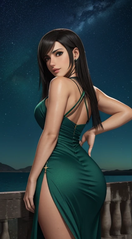 tifa lockhart, Estilo MKSKS, (fundo muito detalhado:1.0), (fundo altamente detalhado:1.0), Final Fantasy VII Remake, (olhos vermelhos), 1 garota, Ombros nus, aqua dress, cabelo preto, vestido verde, sem mangas dress , Summer dress, casa, Cabelo longo, noite, noite sky, Boca aberta, ao ar livre, rabo de cavalo, sentado, sky, sem mangas, sem mangas dress, star (sky), starry sky, cidade, envelheceu, seios pequenos, ((babados brancos)), (vestido branco), 