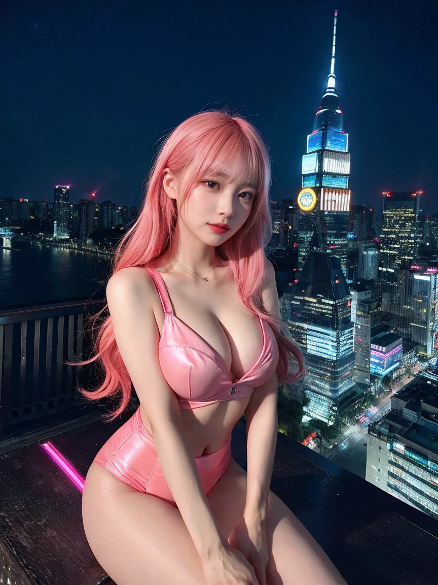 最high quality, masterpiece, 32k、Very detailed、Realistic、1 girl, Japanese women、Cute face, (photo Actual:1.3),Bob Hair(red pink hair color、Pink Hairstyles)、Edge lighting, (Skin with attention to detail:1.2), 8k超High resolution, Single-lens reflex camera, high quality, High resolution, 4K, 8k, Optimal ratio of four fingers to one thumb, (Actual:1.3), cute 1 girl, Realistic、Super Realistic、32k、Very detailed、masterpiece, 最high quality, beautiful girl, beauty、Small , Mecha, Beautiful lighting, (Neon Light:1.2), (night:1.5), Cyberpunk Costume、Sitting,Cyber Neon、Future City、Skyscraper、都会のnight、Shanghai、Big cities、night景、綺麗なnight景