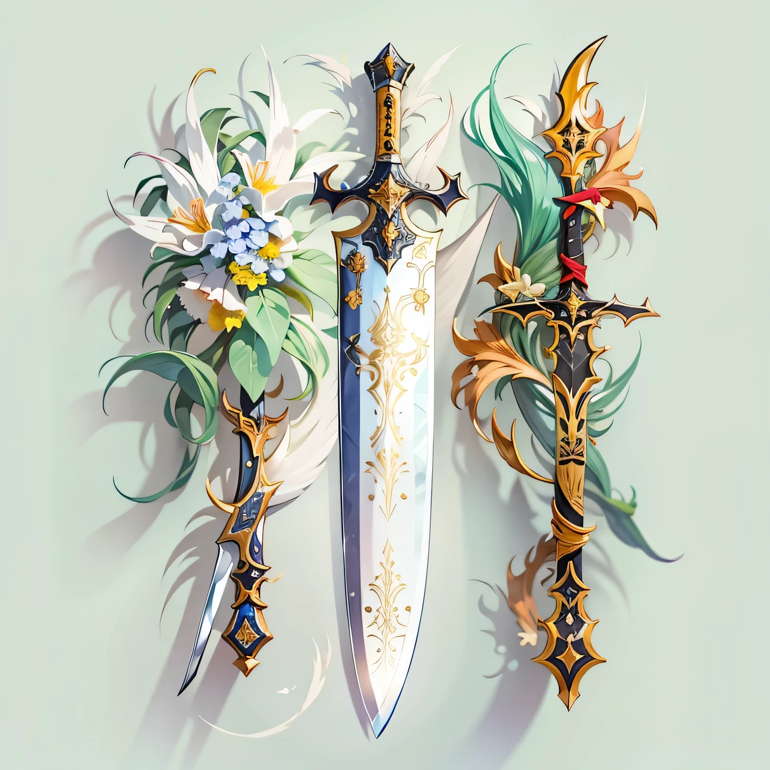 (((best quality))), (((masterpiece))), Weapons to be included in the Weapon Encyclopedia, Two-handed sword, big knife, oriental weapons, white background, Crisp Lines, Colorful colors,
