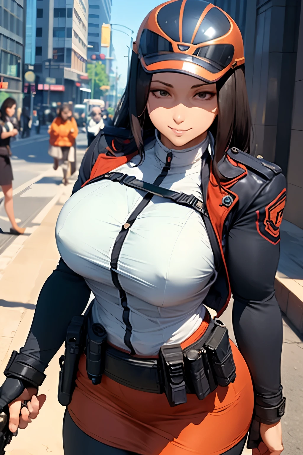 The female members of the Scientific Special Investigation Unit that appear in Ultraman wear the uniform of the Scientific Special Investigation Unit. attached. Communication device, helmet, female special forces member, black gloves, orange skirt, black handgun holster on waist, smiling expression, dynamic pose, outdoors, city area, background blur