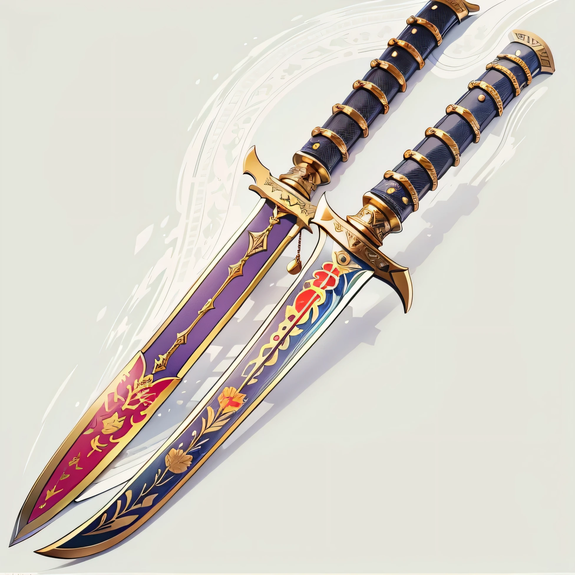 (((best quality))), (((masterpiece))), Weapons to be included in the Weapon Encyclopedia, Two-handed sword, big knife, oriental weapons, white background, Crisp Lines, Colorful colors,