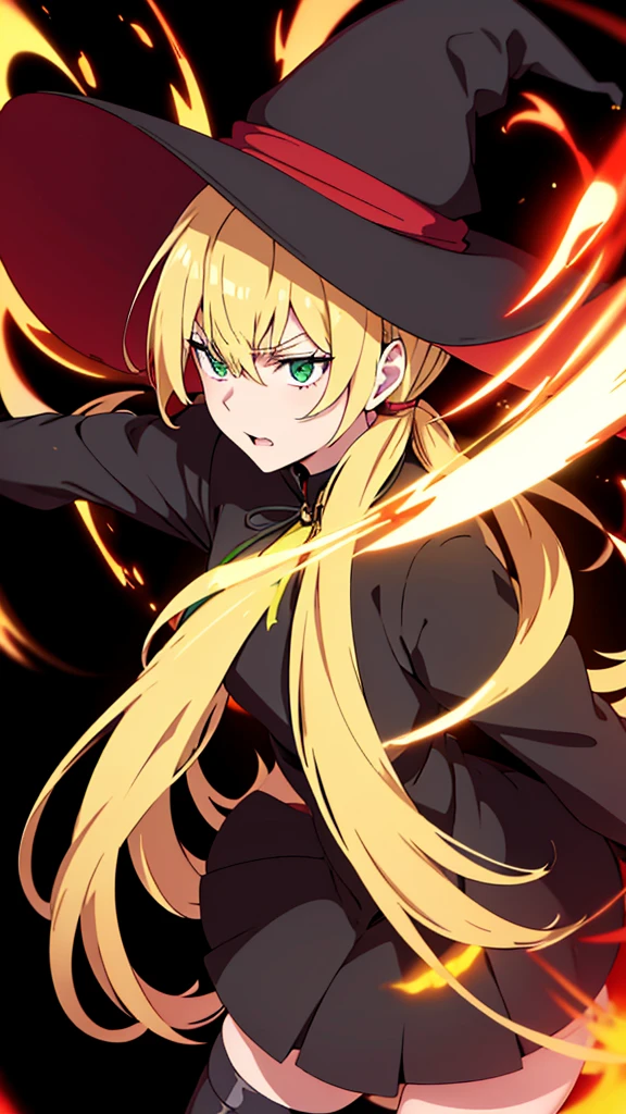 very slender. Long, blonde hair. She has green eyes. pigtails tied wearing a large witch hat. Wearing a sexy witch outfit with knee high heel, very close up portrait, rage, black background with red explosion, glowing red hands, battle_stance, kung_fu