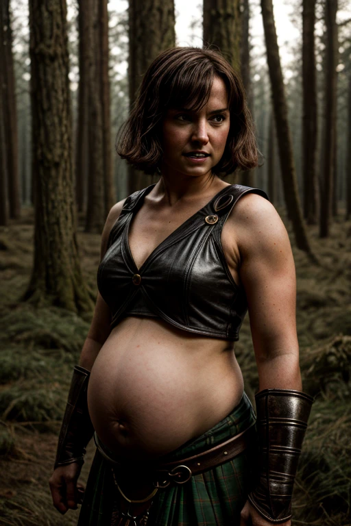 attractive medieval warrior princess, circa 1500s, castle on scotland countryside, short hair, midriff, pregnant belly, huge hips, biting teeth expression, gloomy forest, night, cinematic dark lit