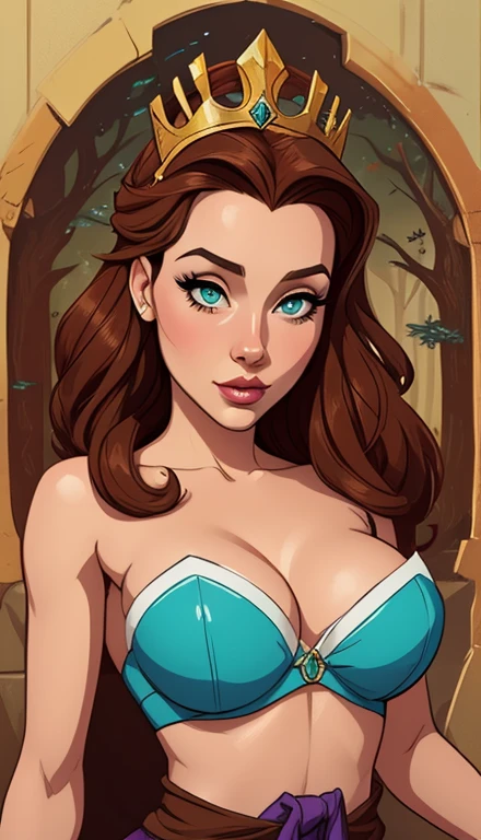 Woman style character beautiful breasts symmetrical medium breasts Fiona queen Anna of Arendelle with war marks Cartoon image of a woman .Ilustra??o estilo desenho animado, estilo de arte dos desenhos animados, estilo de arte dos desenhos animados, digital illustration style, estilo atompunk design de personagens altamente detalhado, arte digital detalhada coragem, Forest fan art, Design de personagens de retrato, beautiful digital illustration, retrato de alta qualidade, Arte em quadrinhos, mulher jovem cabelo com transas lindas . Queen Anna of ArendelleBeautiful lined eyes Medium large bust and wonderful sexy clothes. image expression of sexual desire from waist to head illustration Queen Anne of Arendelle atompunk style Fallout 4 style pose playboy magazine 