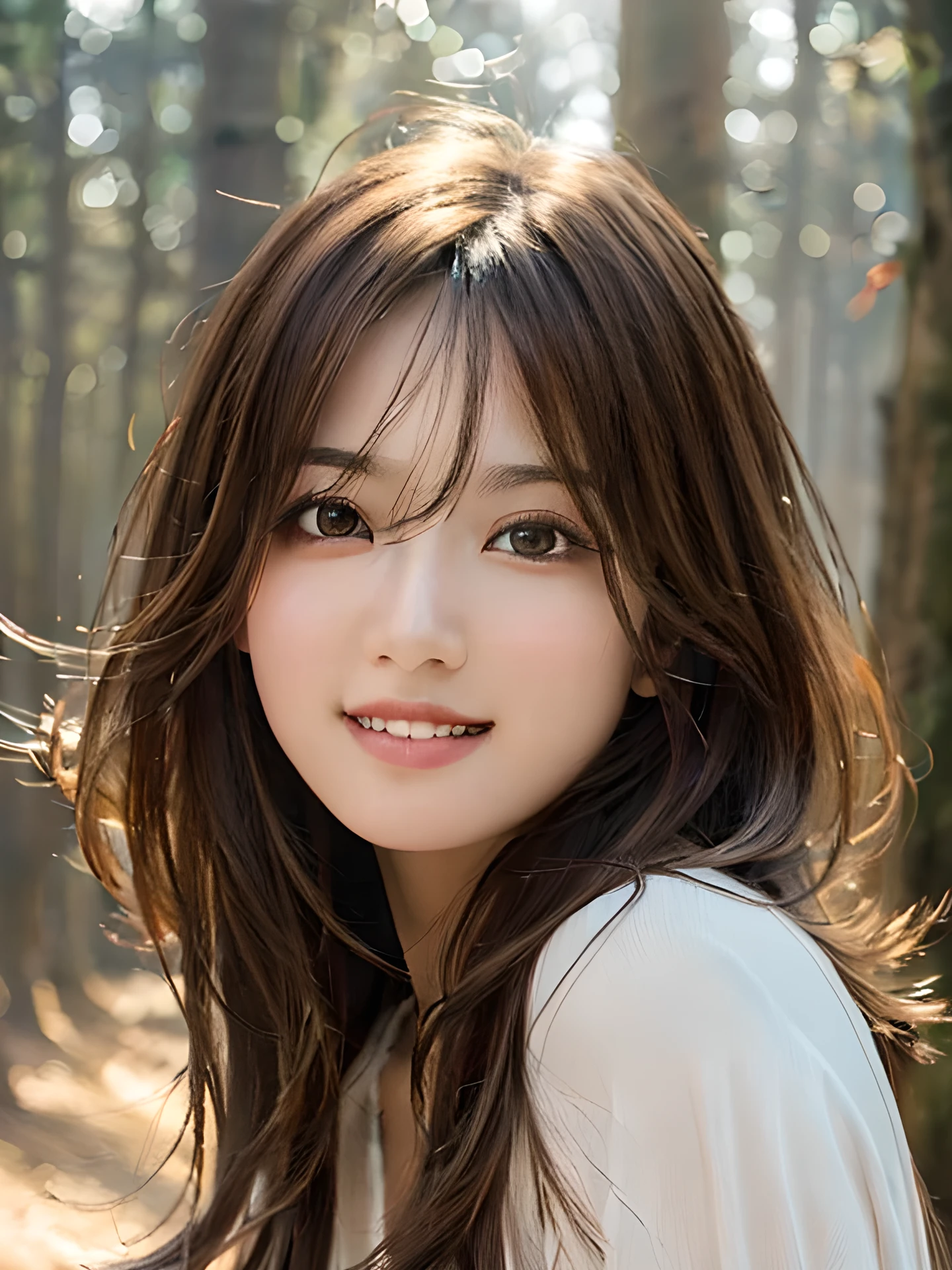 masterpiece, highest quality, High resolution, wallpaper, realistic, (bright lighting:1.4), professional lighting, face light, smooth lighting, japanese girl, close-up of face, cute, happy, smile, shy, Beautiful girl, gravure, sexy, super beautiful, beautiful skin, beautiful and detailed eyes、detailed face、slim、moderately, short hair, brunette colored hair, hair blown by the wind, brown eyes, The morning sunlight shines through the misty forest path.