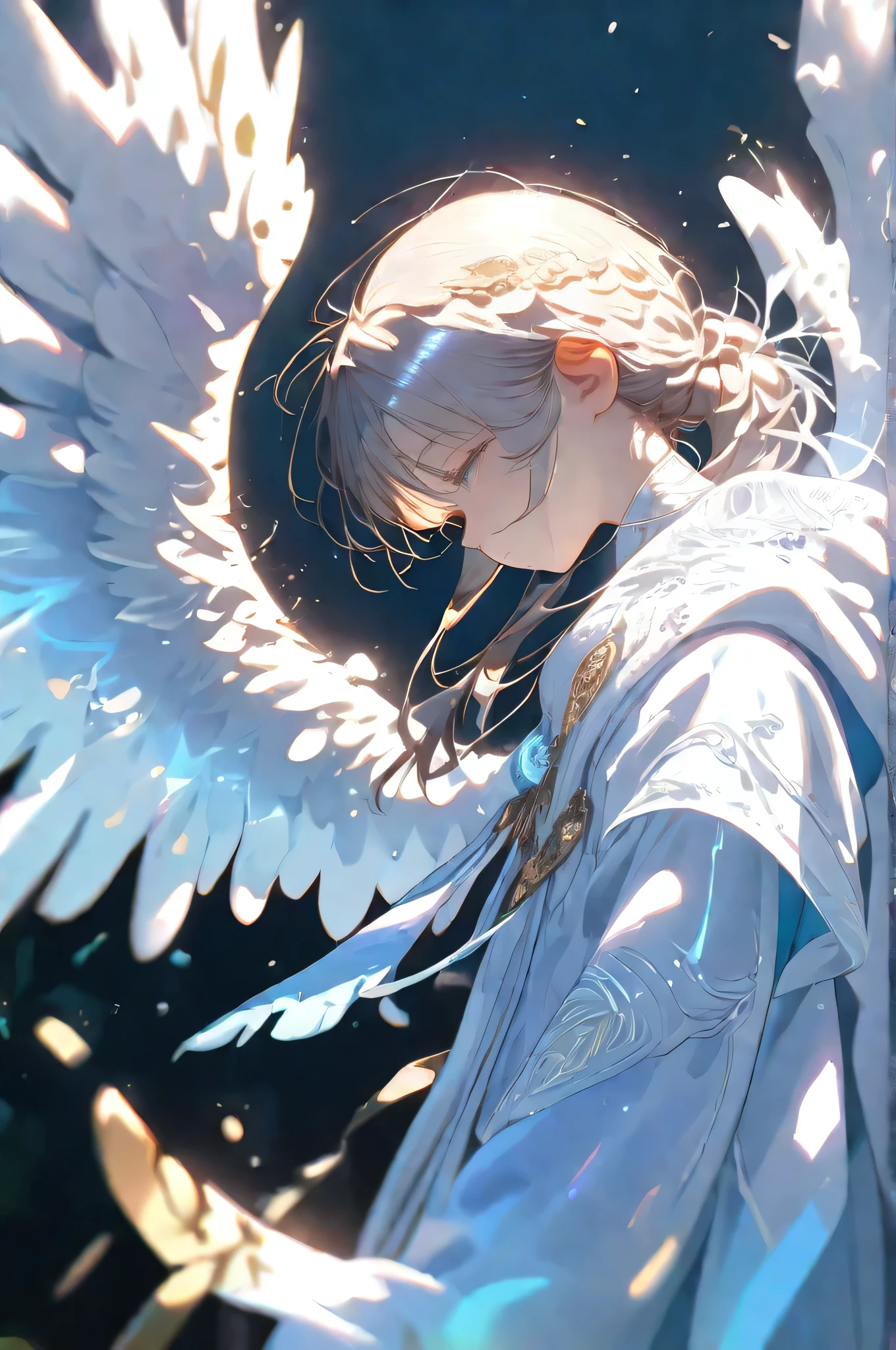 (Masterpiece:0.9), best quality, (illustration, very aesthetic:0.95), (ultra detailed), intricate details, dynamic angle, solo, 1Girl, from side, (look down, Downcast Eyes:1.2), Angels, white wings, shiny feather, (cinematic lighting, raytracing), [(black background:1.2)::0.2], (silence background:1.2), 