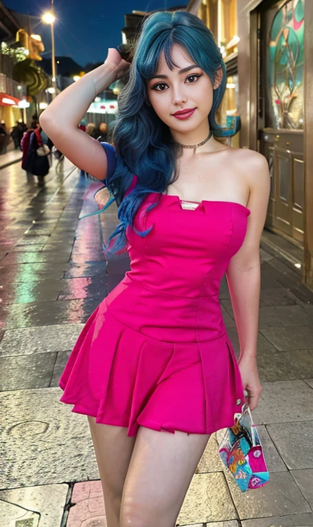 Photo oF a 18 year-old American girl, .CRUDO, beautiFul woman , cabello largo color azul turqueza ((retrato)), ((Cara detallada:1.2)), ((Detailed Facial Features)), (Piel Finamente detallada) , ojos color.azul , 、un sexy(color fresco), wet, wet, ReFlectoreasutepiece) (proporciones perFectaotos realistas)(La mejor calidad) (Detallado) FotograFiado con una EOS R5 de Canon, lente de 50 mm, F/2.8, NFFSW, (8K) (papel tapiz) (cinematic lighting) (dramatic lighting) (sharp Focus) (Enrevesado) senos grandes , pechos grandes , cuerpo completo , hermoso cuerpo de adolesente ,lindo maquillaje , gran sonrisa , labios rojos. Mlp , Sonata Dusk , foto dinamica , pose sexy , centro comercial , noche , sonrisa presumida , ropa morada , brazalentes con puas , cabello largo color azul turqueza con mechas color morado, cuerpo completo , foto de cuerpo completo , my little pony Equestria girls , tiene un collar con un rubi , ropa de pelicula my little pony Rainbow rocks