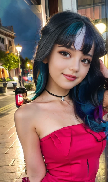 Photo oF a 18 year-old American girl, .CRUDO, beautiFul woman  , cabello largo color azul turqueza ((retrato)), ((Cara detallada:1.2)), ((Detailed Facial Features)), (Piel Finamente detallada) , ojos color.azul , 、un sexy(color fresco), wet, wet, ReFlectoreasutepiece) (proporciones perFectaotos realistas)(La mejor calidad) (Detallado) FotograFiado con una EOS R5 de Canon, lente de 50 mm, F/2.8, NFFSW, (8K) (papel tapiz) (cinematic lighting) (dramatic lighting) (sharp Focus) (Enrevesado) senos grandes , pechos grandes , cuerpo completo , hermoso cuerpo de adolesente  ,lindo maquillaje , gran sonrisa , labios rojos. Mlp , Sonata Dusk  , foto dinamica , pose sexy , centro comercial , noche , sonrisa presumida , ropa morada , brazalentes con puas , cabello largo color azul turqueza con mechas color morado, cuerpo completo , foto de cuerpo completo , my little pony Equestria girls , tiene un collar con un rubi , ropa de pelicula my little pony Rainbow rocks