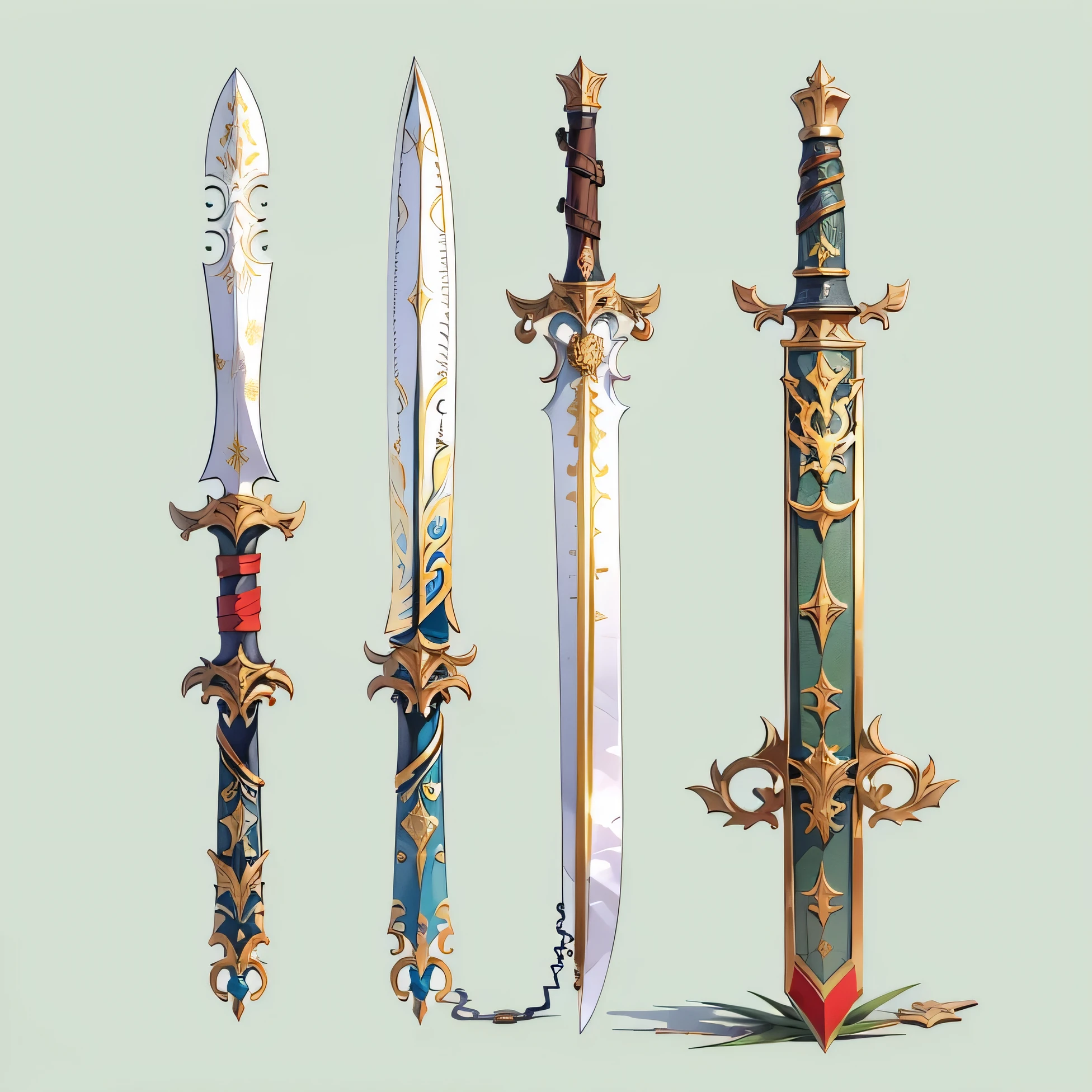 (((best quality))), (((masterpiece))), Weapons to be included in the Weapon Encyclopedia, Two-handed sword, big knife, oriental weapons, white background, Crisp Lines, Colorful colors,