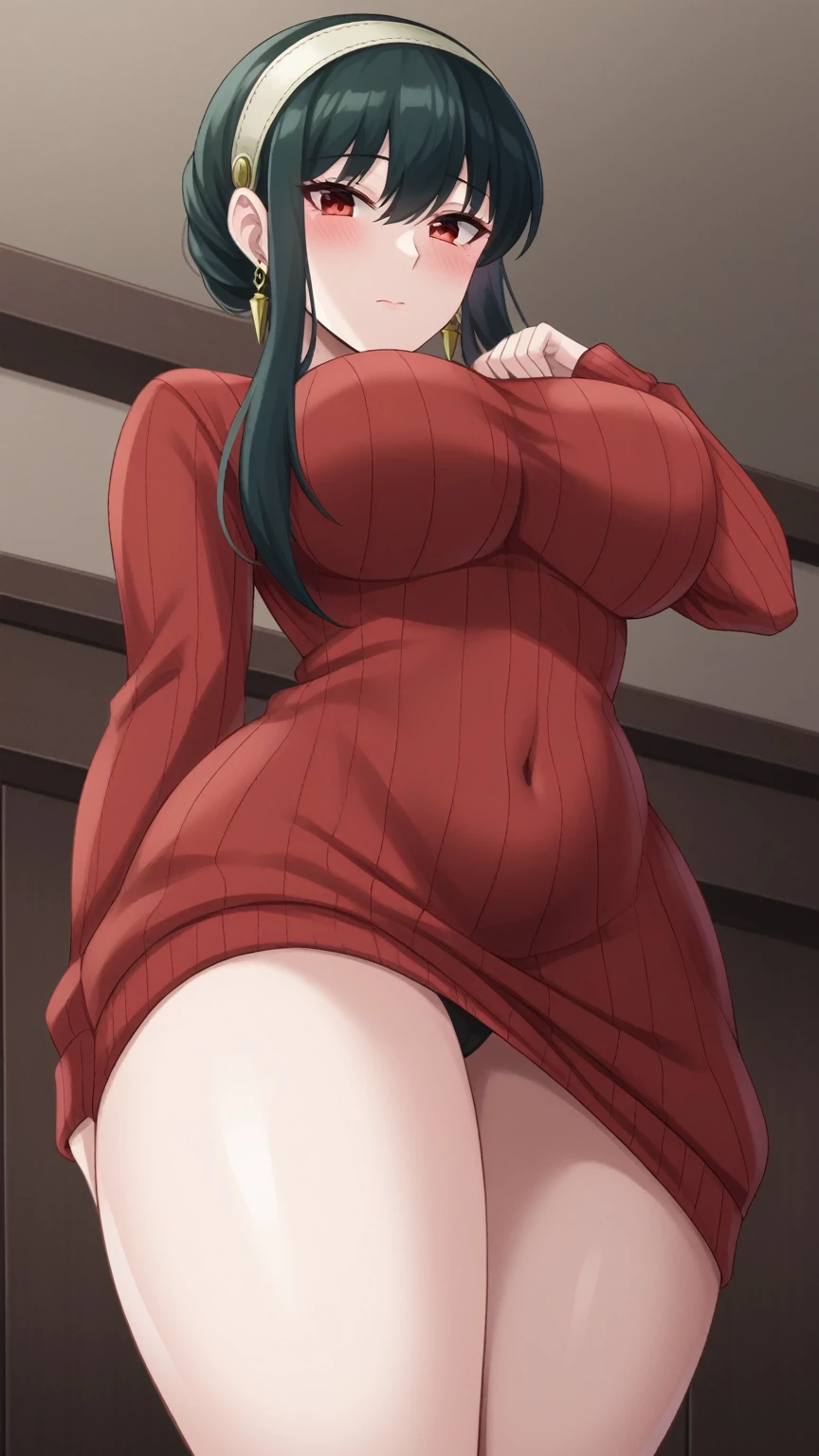 1girl, yor_briar, solo, red_eyes, jewelry, sweater, breasts, black_hair, earrings, red_sweater, hairband, sweater_dress, gold_earrings, looking_at_viewer, large_breasts, thighs, white_hairband, from_below, covered_navel, closed_mouth, dress, long_hair, bangs, long_sleeves, indoors, hand_up