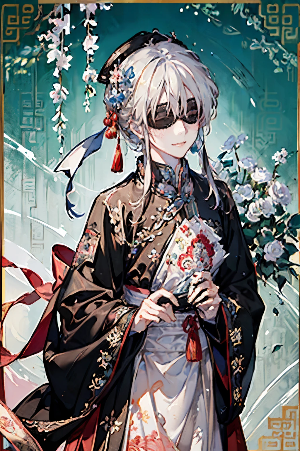 (old male:1.45)、(masterpiece、highest quality、highest quality、Beautiful and beautiful:1.2)、(Good anatomy:1.5)、Painting of a girl with milky white straight hair、Shy smile、Sparkling Eyes、looking at the camera、Emerging from among the flowers and leaves、Suzuran、(sunny days:1.45)、(pink、black、lightbrown:1.2)、(Chinese Emperor:1.5)、(Blindfold:1.35)