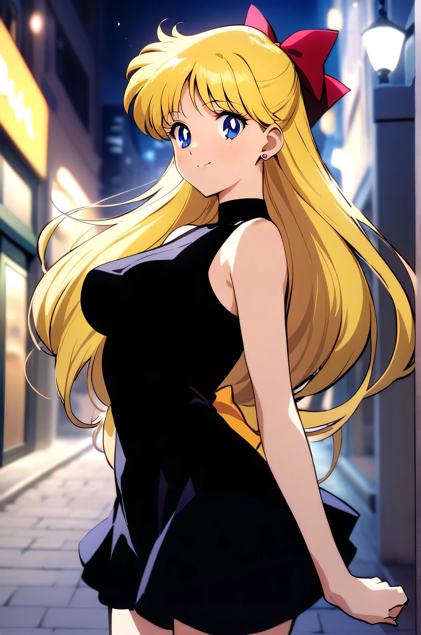 masterpiece, best quality, very aesthetic, absurdres, aavenus, long hair, blonde hair, hair bow, blue eyes, earrings, sleeveless black dress, turtleneck, night, street, standing, cowboy shot, medium breast, smile