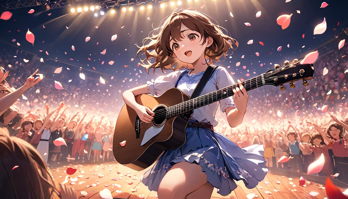 Highly detailed CG Unity 8k wallpaper, best quality, Super detailed, Perfect lighting, accurate shadows, Energetic,The stage was surrounded by cheering audiences、 best quality,Brown-haired girl cute girl playing guitar petals, number, best quality, Super detailed