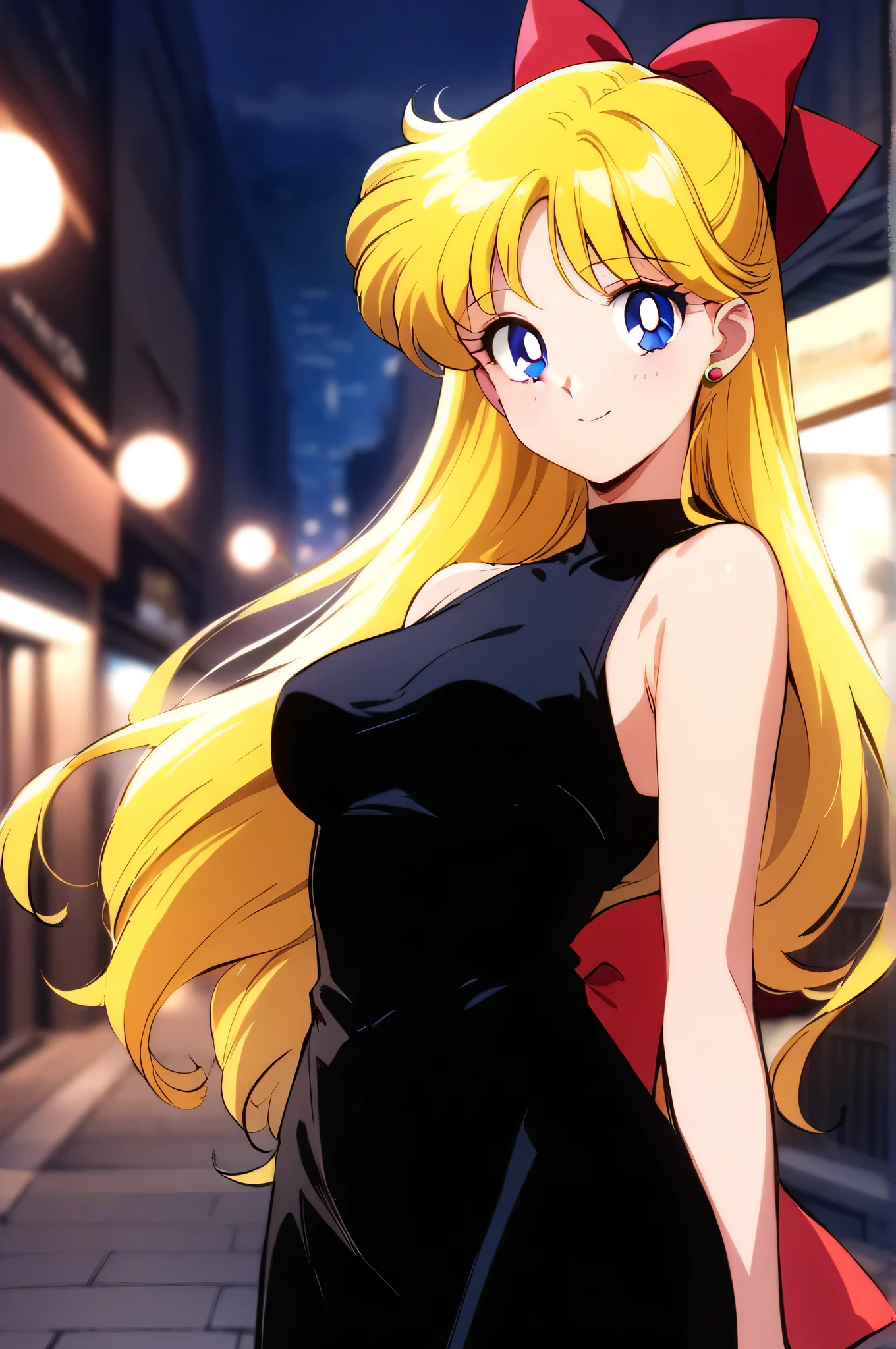 masterpiece, best quality, very aesthetic, absurdres, aavenus, long hair, blonde hair, hair bow, blue eyes, earrings, sleeveless black dress, turtleneck, night, street, standing, cowboy shot, medium breast, smile