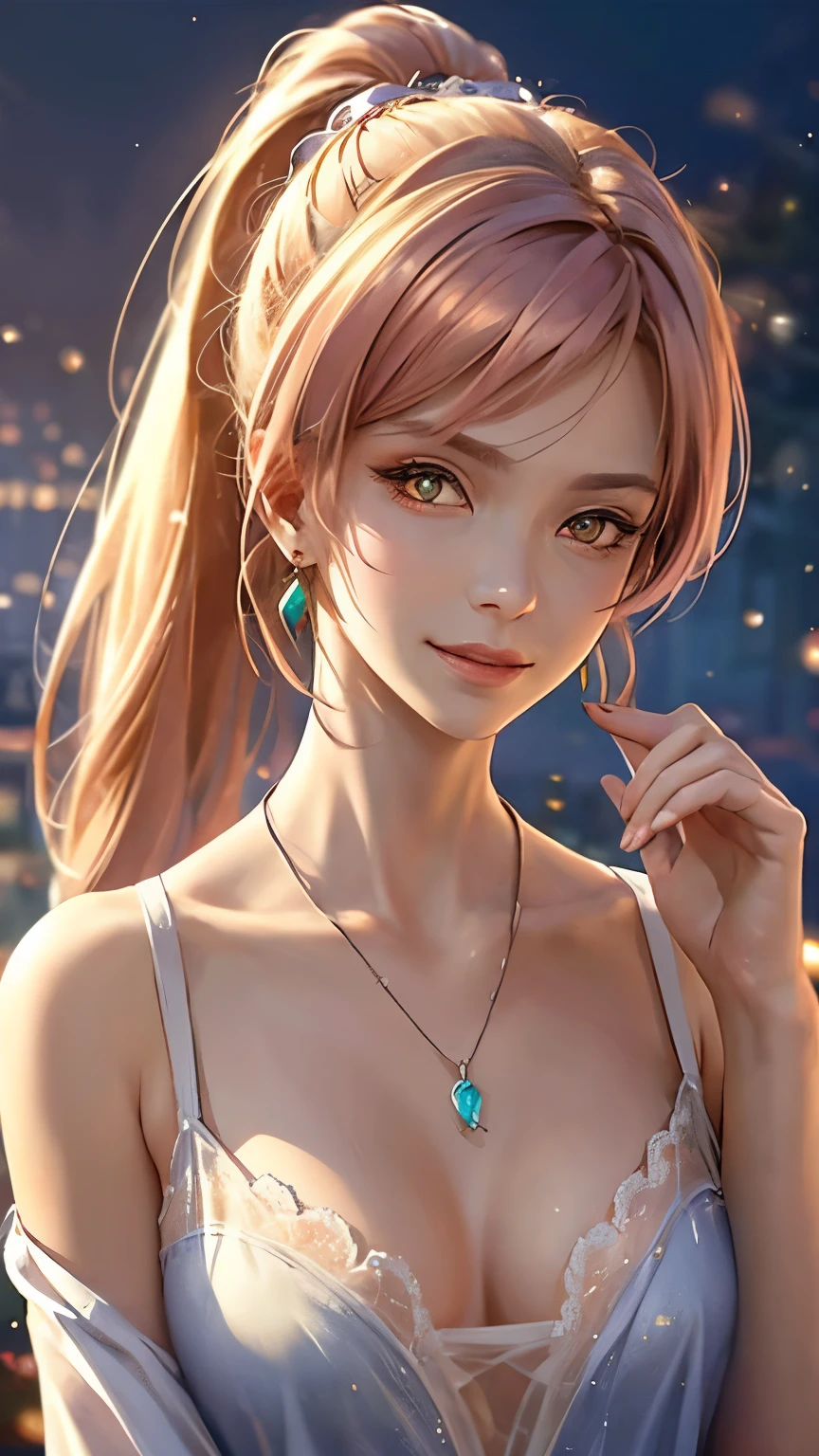 Pink Hair, Front Ponytail, Eye Reflexes, Red contact lenses, Pink Eyes, Heterochromia，Put on earrings, blue crystal pendant，Wicked Smile, hair band，Attention to detail, Romanticism, Written boundary depth, Shine, Ray Tracing, Viewfinder, Zoom Layer, close, Bokeh, Anatomically correct, Attention to details, 1080p, Ultra Hi-Vision
woman，High Ponytail，Oversized T-shirt，More on water patterns on clothes，The expression is solemn，reflected light，
ゴージャスで繊細にShine小さな蝶の髪飾り，Vibrant colors，Detailed engraving，Shine brightly，Attention to detail，The jewelry is of high quality，Very high quality