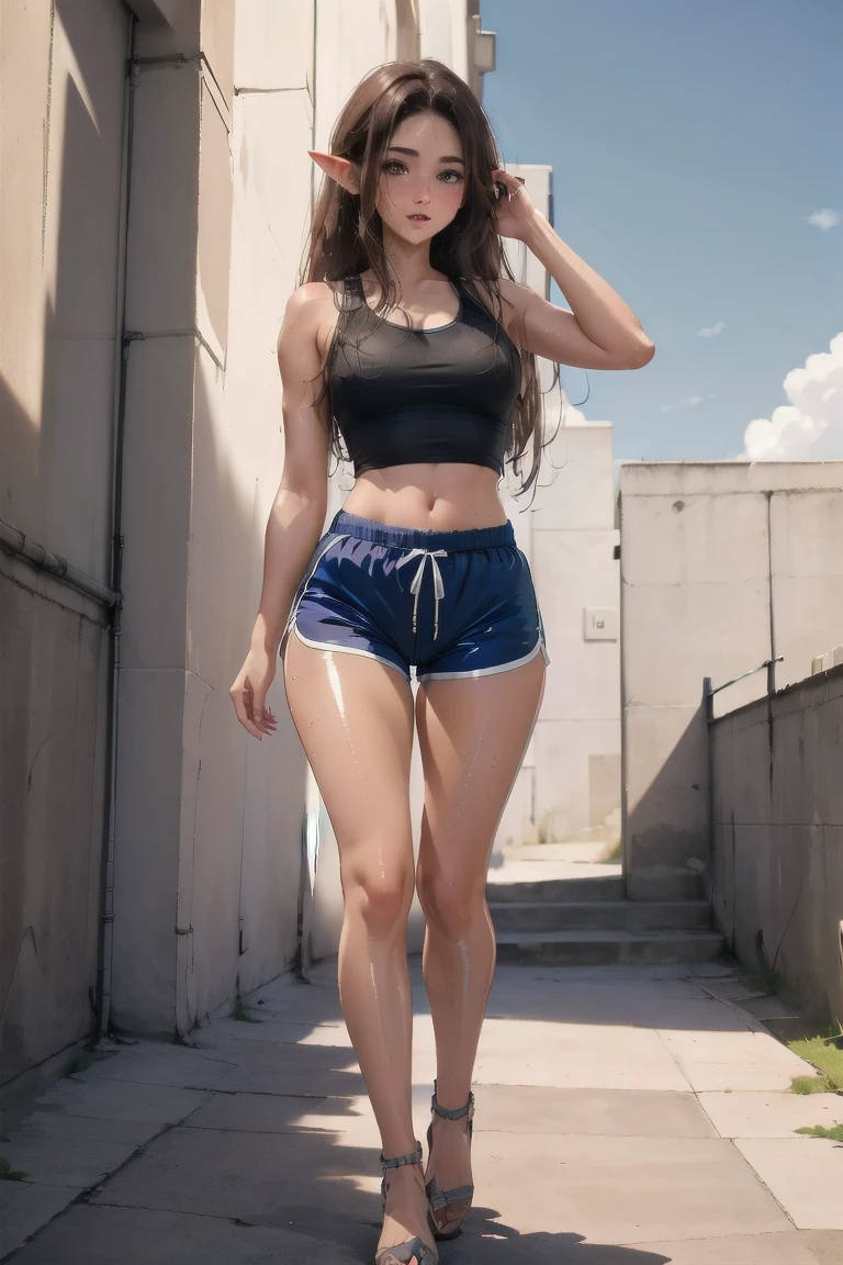 (elf girl), master piece, blushing, freckles, wide hips, slim waist, thick thighs, hourglass shape, masterpiece, best quality, sfw, mature 26 year old woman, brown hair, moist face, bare shoulders, sleeveless top,,  wavy hair, mouth open, shiny. lips, beutiful round eyes, doe eyes, inocent, content, peaceful happy, dolfine shorts, athletic shorts, tanktop, black tanktop, whife beater, oily skin, oil, short strings in knot, pointy ears, full body image, 