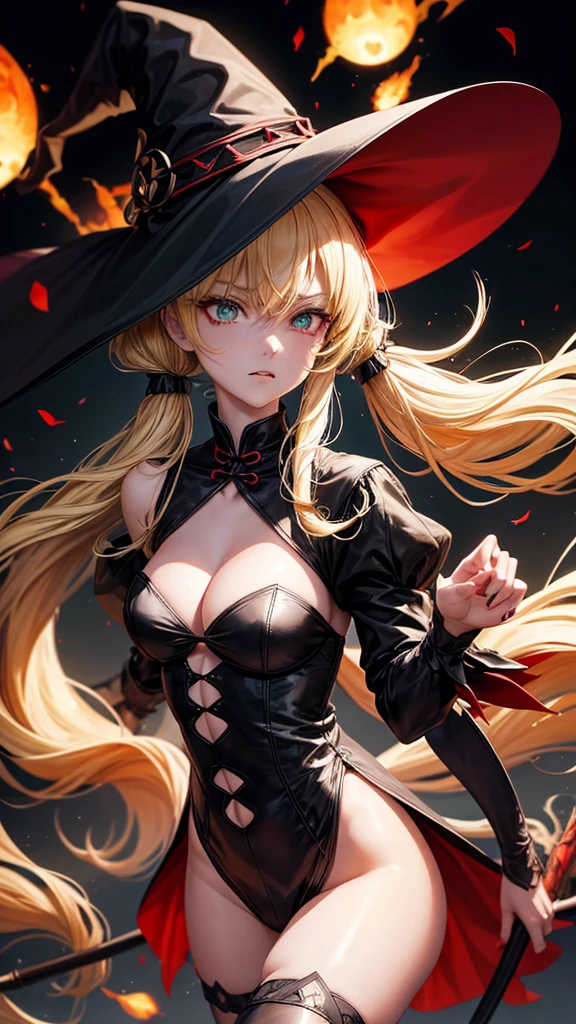 very slender. Long, blonde hair. She has green eyes. pigtails tied wearing a large witch hat. Wearing a sexy witch outfit with knee high heel, very close up portrait, rage, black background with red explosion, glowing red hands, battle_stance, kung_fu