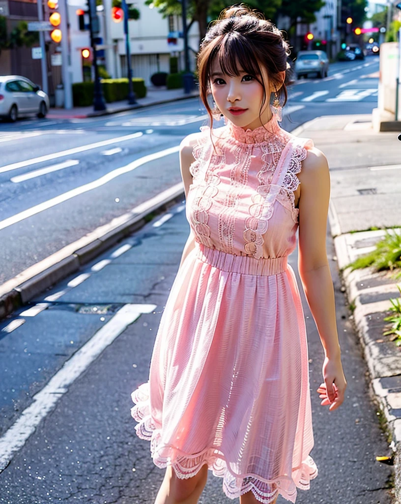 a woman posing on the street corner with pink dress on, best quality, high res, 8k, 1girl, (huge breasts), day, bright, outdoor, (street:0.8), (people, crowds:1), (lace-trimmed dress:1.5, pink clothes:1.5, pink high-neck dress:1.5, sleeveless dress, pink dress: 1.5), gorgeous, (medium hair), beautiful detailed sky, beautiful earrings, (dynamic pose:0.8), (upper body:1.2), soft lighting, wind, shiny skin, looking at viewer,  bikini