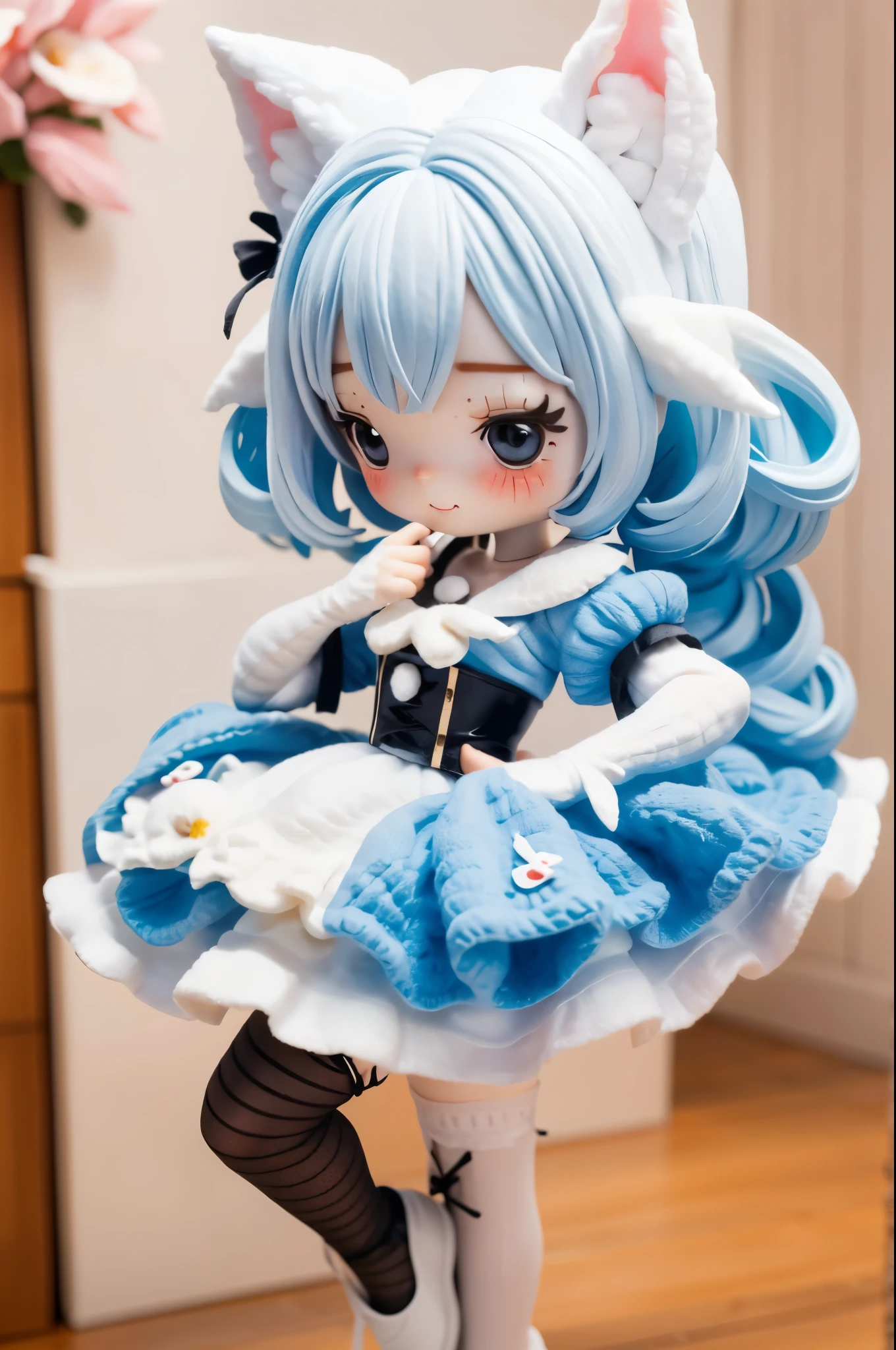 A girl with striking white hair、Fox ears and tail、Cosplay、Baby Face、Cute dynamic pose、hair ornaments、Black Pantyhose、No sleeve、smile、Background is blue