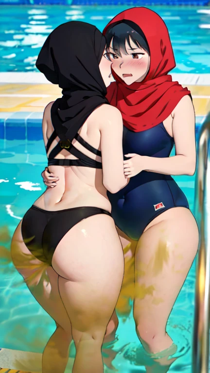 2 Asian girls, both farting side by side, desperate to poop, in pool, farting while bending over, stomach growling, wearing swimsuits, wearing hijab, malaysian chinese girl, tomboy, stomach bloated, hands hugging stomach, pained expression, shocked and embarrassed, mouth open in shock, blushing, beautiful and cute face, anime art style, fit body, tall and thin, view from front