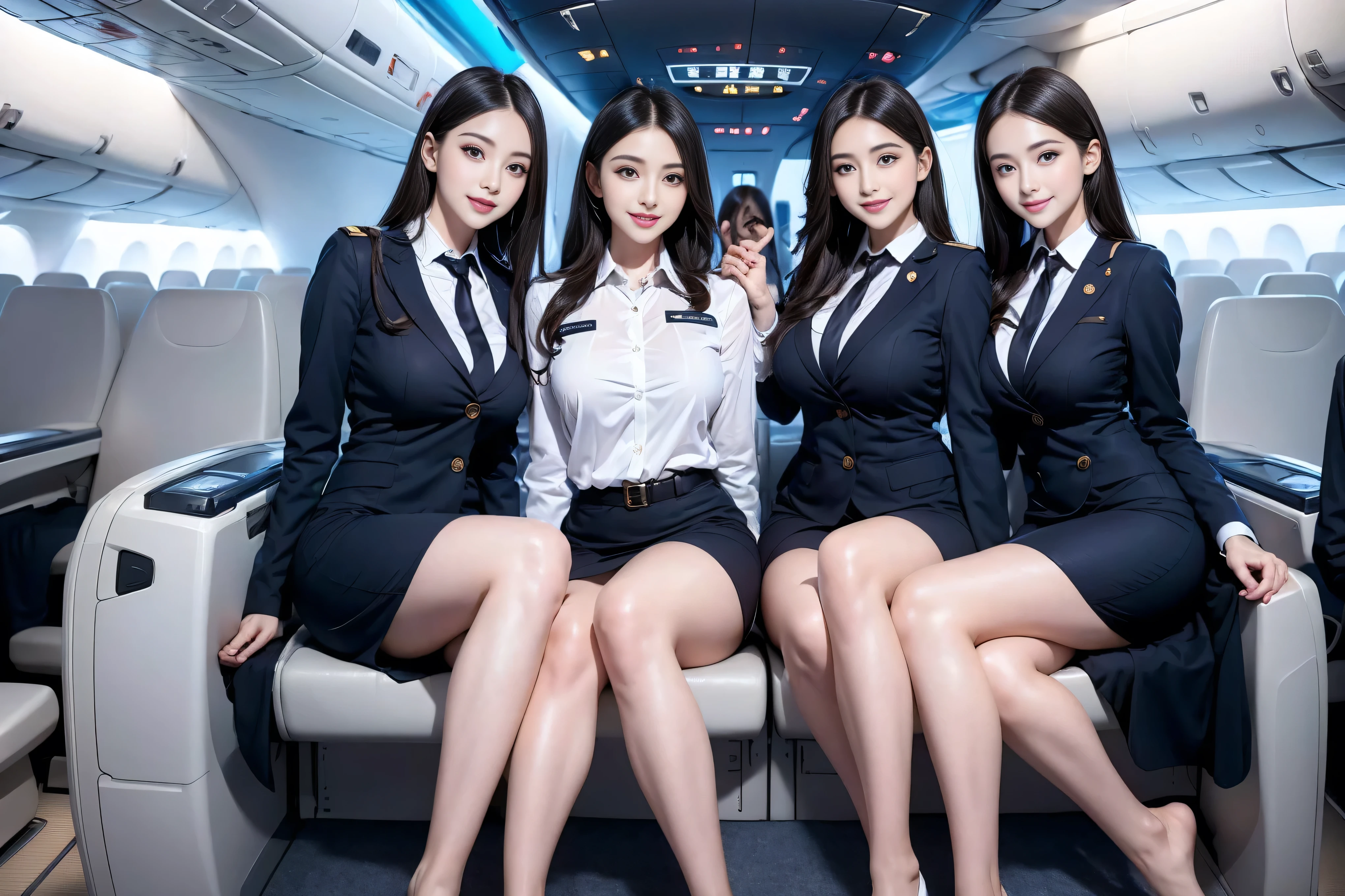 Top quality, ?masterpiece, 8K, Ultra-high resolution, (Reality:1.4), 2 girls in、Beautiful expression、Symmetrical eyes、Huge 、Perfect body proportions、Airline stewardess、Cleavage、Look at the audience、(Inside the aircraft:1.2)、Long legs(1.3)、a smile,Body proportions,