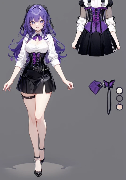 Purple hair,long hair,Adult female,((Body harness)),((Rolling up your sleeves shirt)),(Corset),(Tight skirt),(high heels),((Simple background)),Smile,((Full body)),((whole body)),Character Sheet,